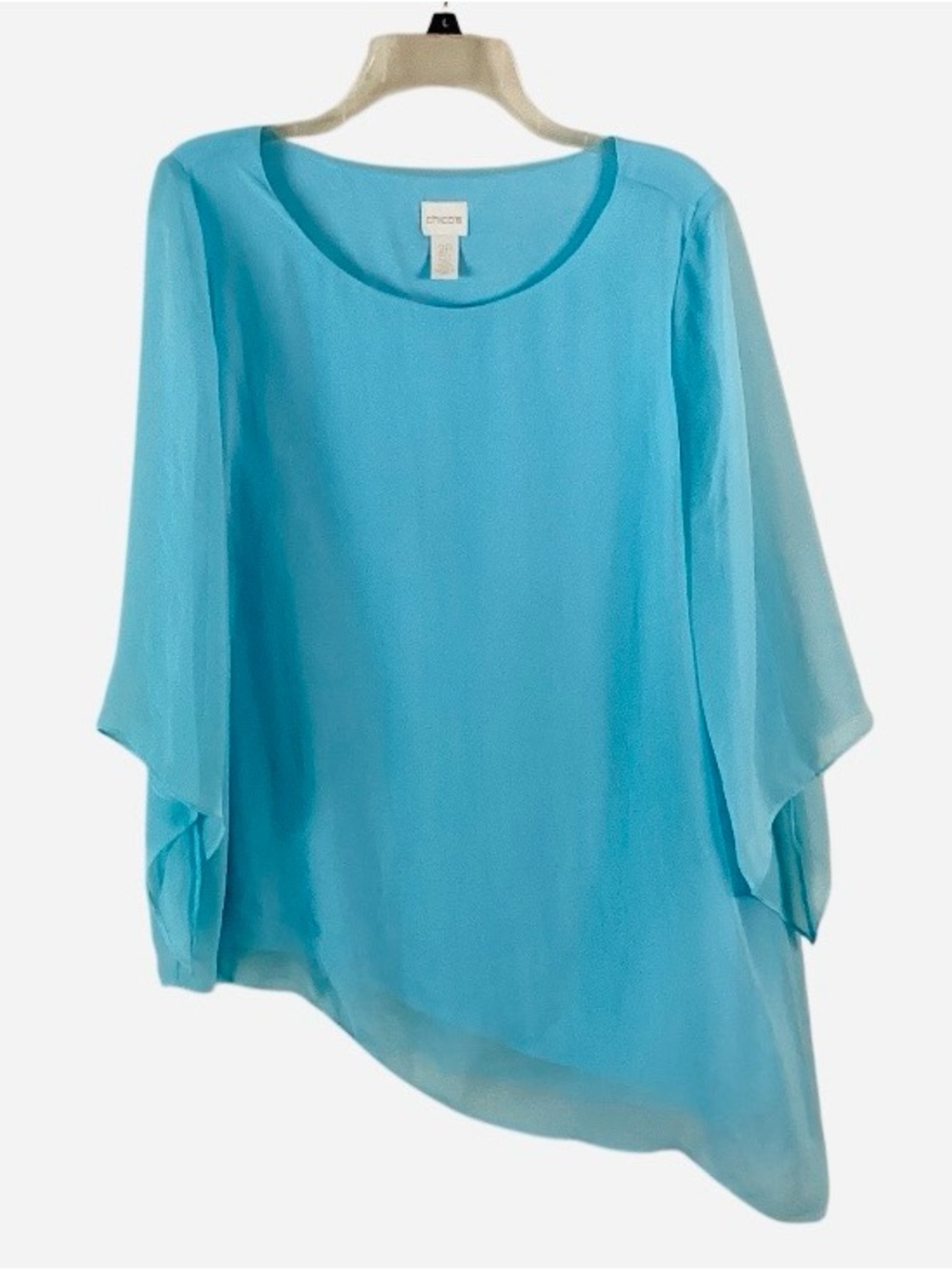 Chico’s Asymmetrical Women's Chiffon Blouse Turquoise Ocean Blue Large Petite